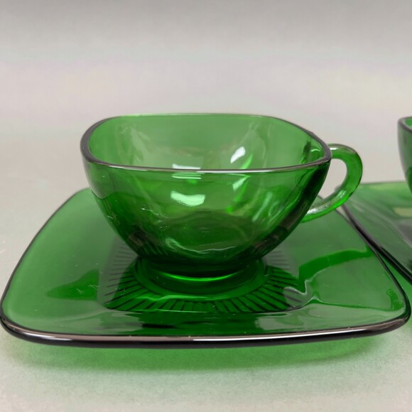 Fire King Anchor Hocking Square Cup & Saucers Charm Forest Green Glass Lot of 8 - Picture 7 of 9